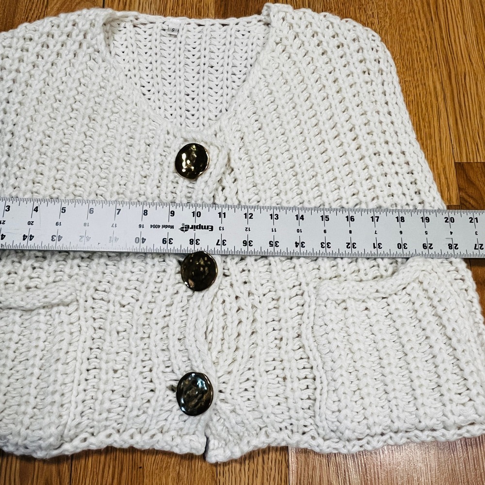 Sleeveless Cropped Chunky Knit Sweater S Gold Button Front Shabby Chic Bohemian - Picture 9 of 9